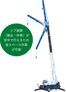 ジブ展開（張出・伸長）が空中で行えるため省スペース作業が可能